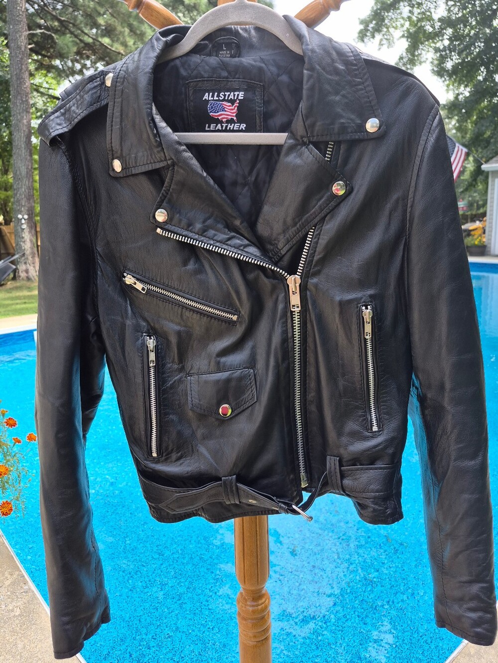 Allstate Leather Black Leather motorcycle jacket W/ a asymmetrical front Zipper